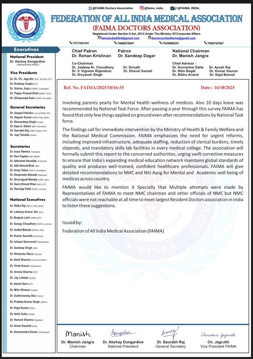FAIMA Doctors Association (@faima_india_) on Twitter photo 🚨FAIMA’s nationwide FAIMA-RMS survey reveals alarming gaps in infrastructure, faculty, training & mental health support in medical colleges. 89% say poor infra hits education quality. Urgent reforms needed! Full report to be submitted to NMC & MOHFW.<a href="/MoHFW_INDIA/">Ministry of Health</a> <a href="/NMC_BHARAT/">National Medical Commission</a> 🚨FAIMA’s nationwide FAIMA-RMS survey reveals alarming gaps in infrastructure, faculty, training & mental health support in medical colleges. 89% say poor infra hits education quality. Urgent reforms needed! Full report to be submitted to NMC & MOHFW.<a href="/MoHFW_INDIA/">Ministry of Health</a> <a href="/NMC_BHARAT/">National Medical Commission</a>