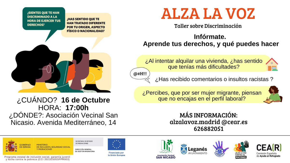 Hoy en nuestro local, tenemos una actividad importante del:
Proyecto de CEAR de No Discriminación "Alza la Voz contra el Racismo y la Xenofobia"
🗓️16 de Octubre 
🕥17:00h 
Si quieres más información: APÚNTATE contestando a este mensaje o escríbenos a alzalavoz.madrid@cear.es
👇