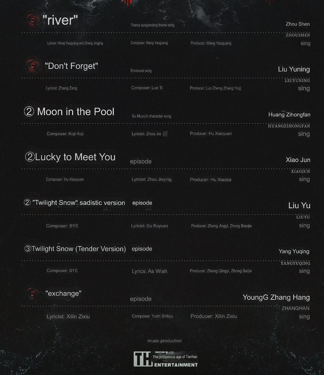 littlefondness's tweet photo. #BloodRiver Ost list! Just looking at the singer name (#ZhouShen #LiuYuning #HuangZihongfan #XiaoJun #LiuYu #YangYuqing #ZhangHan) and their previous ost, i already smell the ANGST lmao because wdym there is a tender version and sadistic version? ASDFGHJKL😭😂

#暗河传 #GongJun https://t.co/0CGVx9a5o1