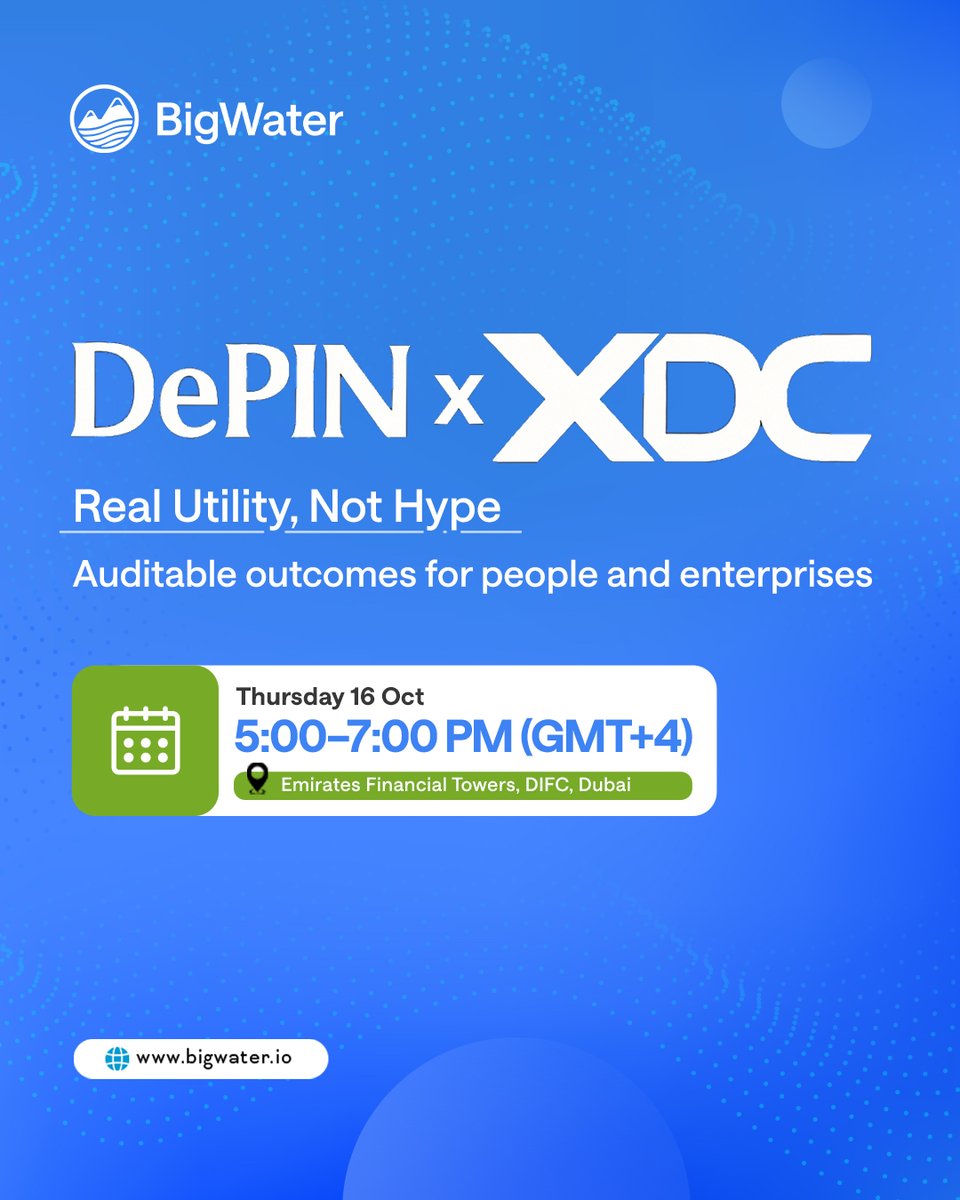 BigWater (@bigwprotocol) on Twitter photo DePIN x XDC β building the rails of the real world.
BigWater is participating alongside <a href="/XDCNetwork/">XDC Network</a> and ecosystem partners to explore how tokenized infrastructure is reshaping connectivity, compute, energy, and logistics with real utility. See live use cases and the path to DePIN x XDC β building the rails of the real world.
BigWater is participating alongside <a href="/XDCNetwork/">XDC Network</a> and ecosystem partners to explore how tokenized infrastructure is reshaping connectivity, compute, energy, and logistics with real utility. See live use cases and the path to