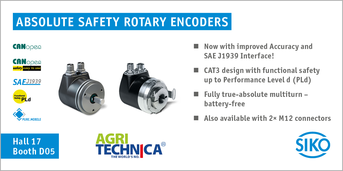 Safety Encoders for Mobile Machines!

<a href="/AGRITECHNICA/">AGRITECHNICA</a> 2025 | Hannover | November 9–15 | Hall 17, Booth D05

Precision and safety are key in modern agricultural machinery – and our safety  rotary encoders deliver both. Now with improved accuracy and the SAE J1939 interface.