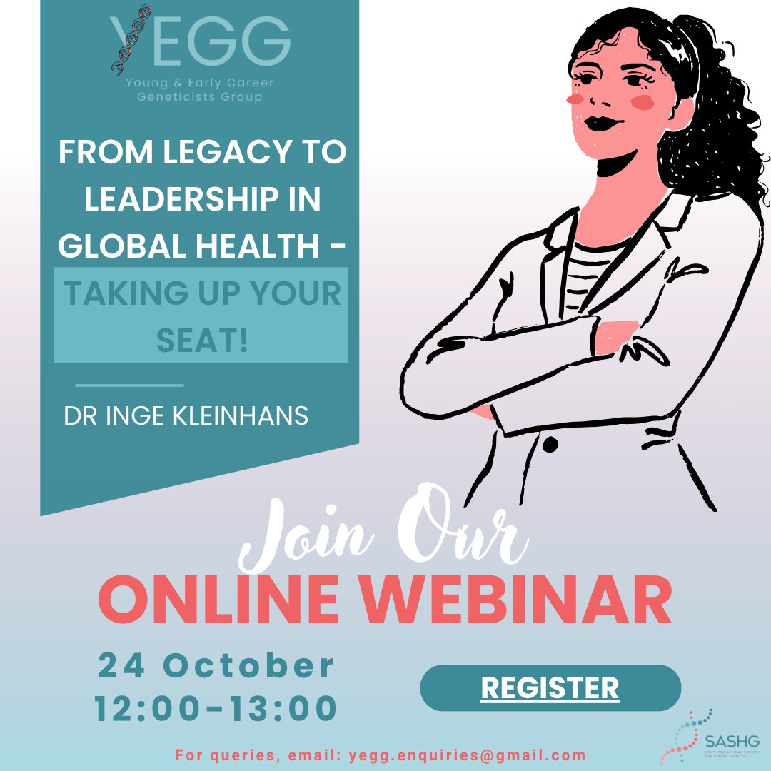 🌍✨ Join Dr Inge Kleinhans for “From Legacy to Leadership in Global Health - Taking Up Your Seat!” 

Topics: women in leadership, power, privilege, bullying, imposter syndrome &amp; why every role matters.  

📅 24 Oct | 12:00 SAST | Join: events.teams.microsoft.com/event/977ea85a…

#YEGG #SASHG
