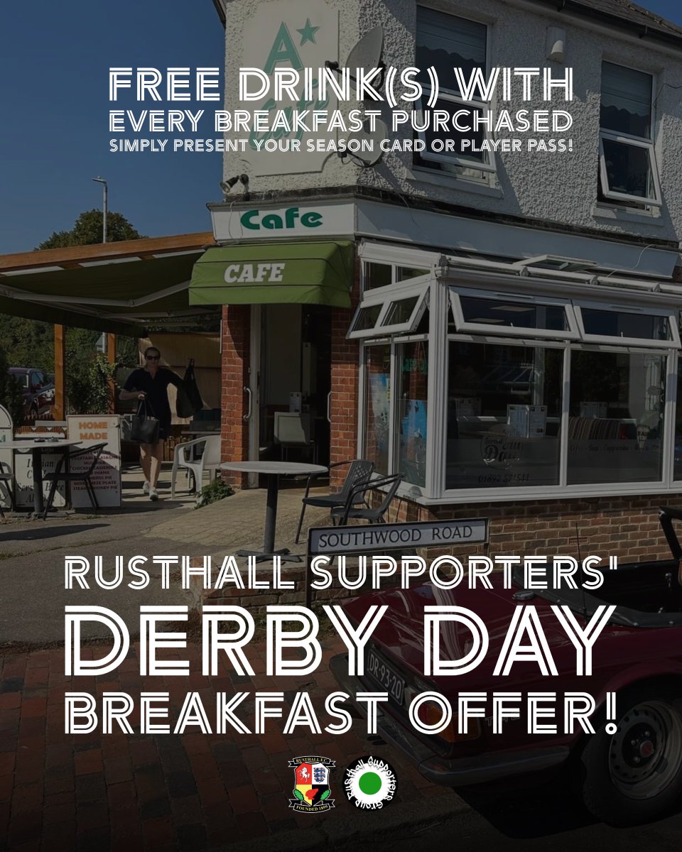 🍳 Derby Day Supporters’ Breakfast! See you at 9AM - don’t forget your season card &amp; player pass to redeem the offer! 🙌

Match preview ➡️ bit.ly/4olBh7W

#RusthallFC 🟢⚪️