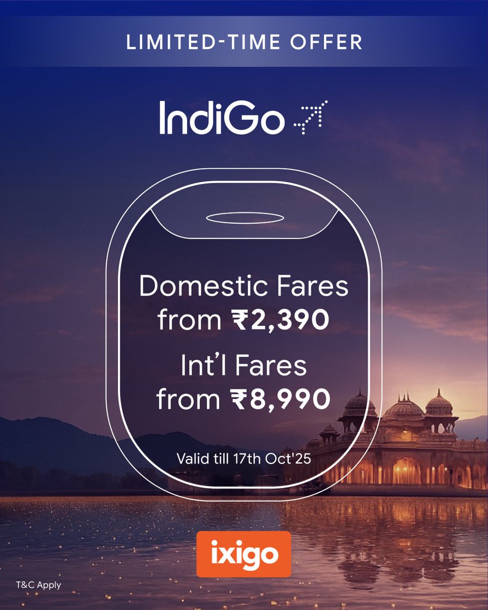 ixigo (@ixigo) on Twitter photo Sky-high savings, grounded fares!
Plan your next getaway today & Book Now. 
Offer ends tomorrow. Sky-high savings, grounded fares!
Plan your next getaway today & Book Now. 
Offer ends tomorrow.