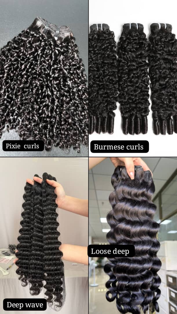 Burmese hair: Natural slight wave, soft, slightly wavy texture, has a gentle wave, not super curly.

Deep wave: S shaped curls or waves that look glossy and full. Thick &amp; defined curls, glamorous looks

Pixie curls: Tight, short, coily curls very springy curls.
I hope this helps