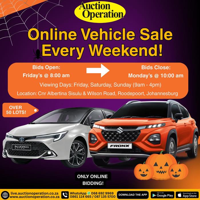 ONLINE VEHICLE AUCTION – ROODEPOORT | 17 – 20 OCT 2025 | auctionoperation.co.za
Secure Pre-Approved Bank Finance, contact Nondumiso Mzungu +27646731349 | typecard.com/e6b6c039
Auth. FSP34936