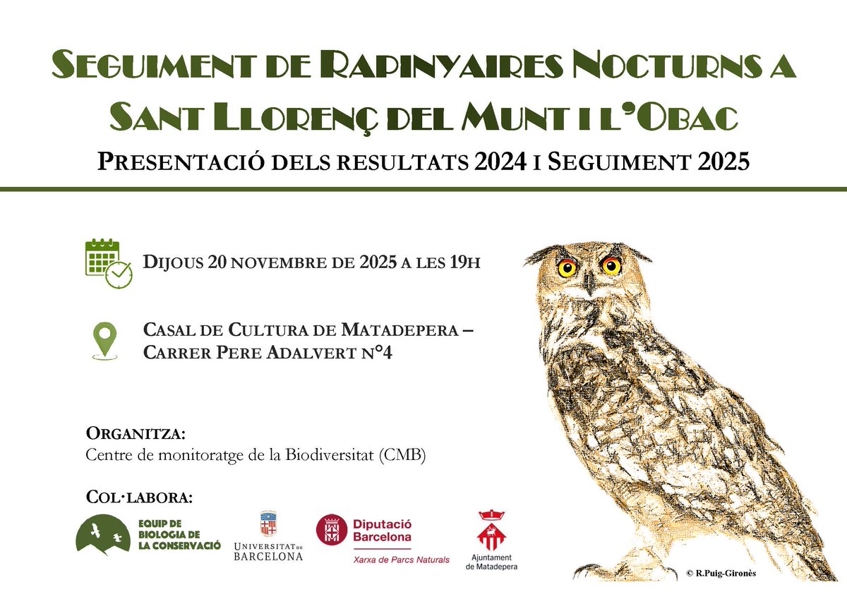 IRBioUB's tweet photo. #CiènciaCiutadanaIRBio
🦉  Vols participar en el cens de rapinyaires nocturns?
A on?  PARC NATURAL DE  SANT LLORENÇ DEL MUNT I L’OBAC @xarxadeparcs 
Vine dijous 20 novembre a la Casal de Cultura de Matadepera i t' ho expliquem!!🦉📝 https://t.co/Y4oyiC7YFI
