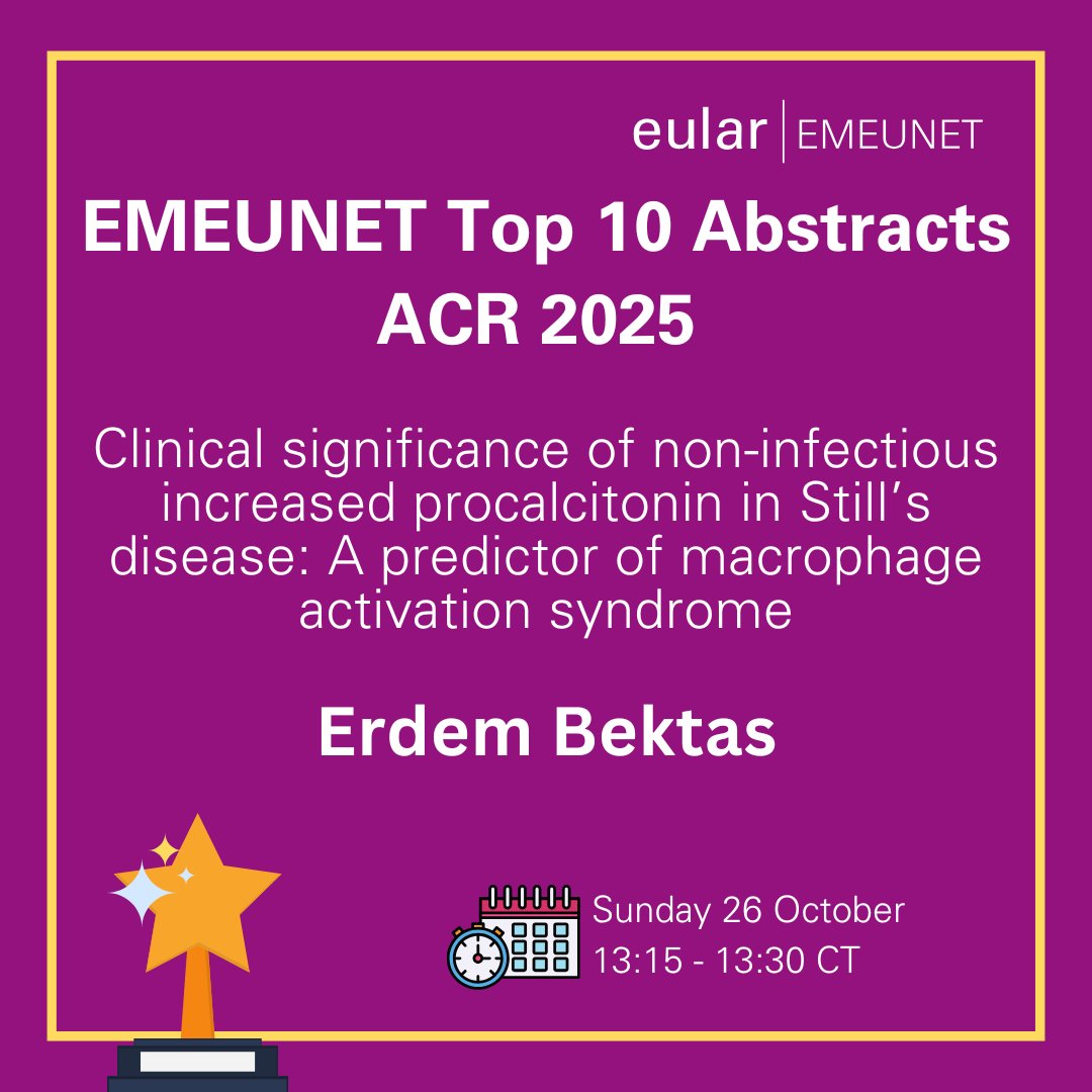 🎉Introducing #EMEUNETtop10abstracts winner: Dr. Erdem Bektas!

🩺🔬This study focuses on the Clinical significance of non-infectious increased procalcitonin in Still’s disease: A predictor of macrophage activation syndrome

📅⏰Sunday 26 Oct at 13:15-13:30 CT

#ACR25 #EMEUNET