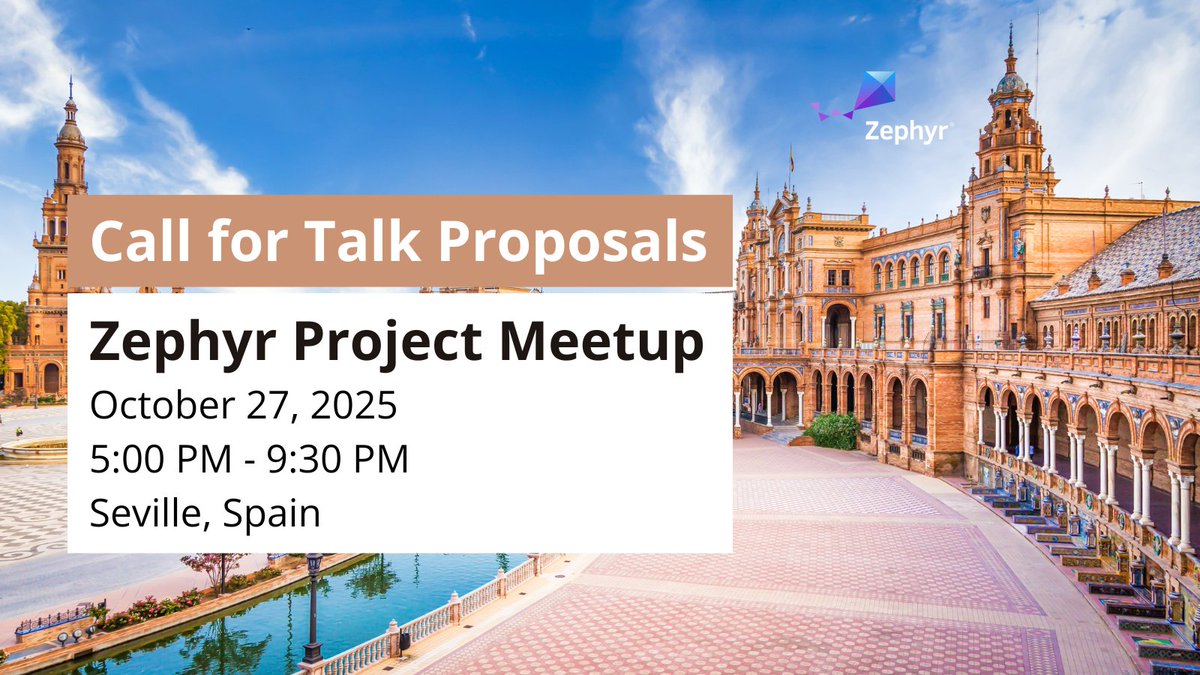 ZephyrIoT's tweet image. The Zephyr Project Meetup in Seville, Spain is on Oct 27, 2025, hosted by @MicrochipTech! We’re inviting you to share your project or insight on #ZephyrRTOS. Happening right before the European MASTERs 2025 Conference. Submit your talk: hubs.la/Q03NDTZk0