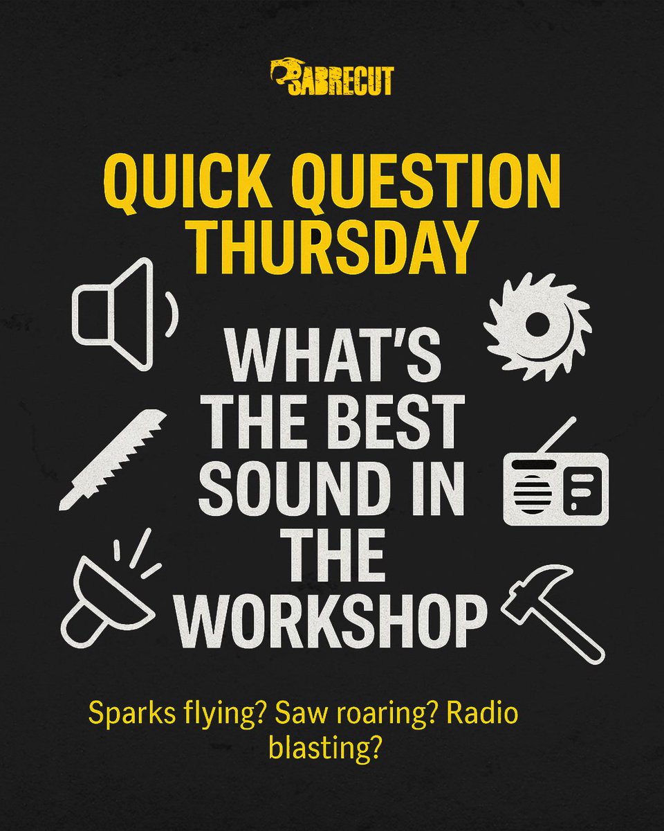 SabreCut_'s tweet image. 🔊 Quick Question Thursday:
What’s the best sound in the workshop? ⚙️
Saw? Sparks? Radio?
Tell us 👇
#SabreCutTools #QuickQuestionThursday #WorkshopTalk