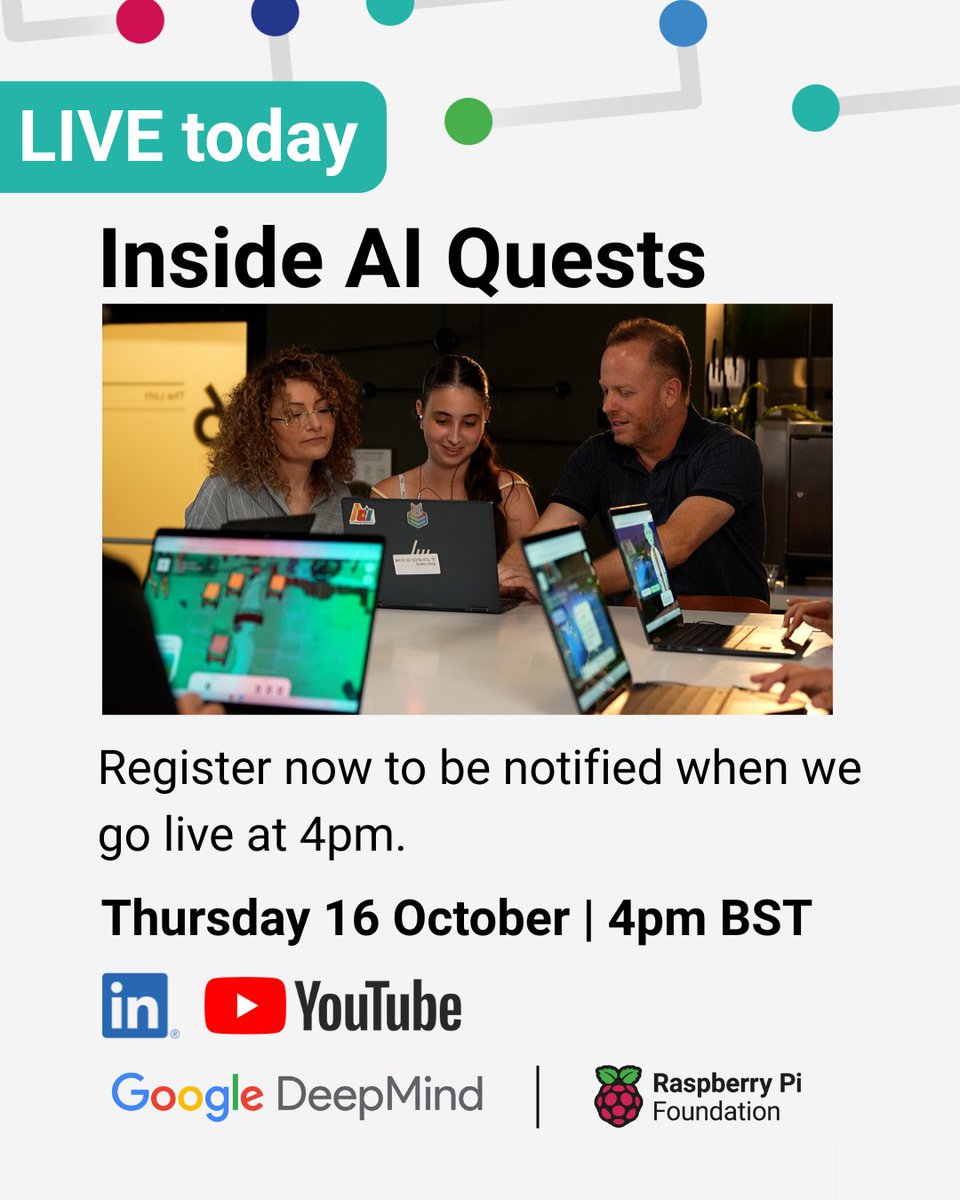 RaspberryPi_org's tweet image. Have you got your questions ready? 👋
Join us to hear from the creators of AI Quests, and ask them your questions about careers in AI.
Register your interest to be notified when we go live at 4pm (BST):
YouTube: rpf.io/aiquests-yt
LinkedIn: rpf.io/aiquests-li