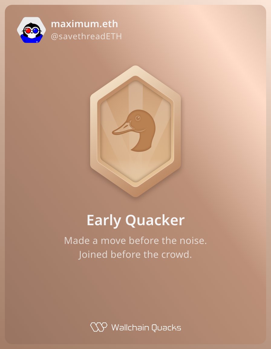 savethreadETH's tweet image. Just unlocked the Early Quacker on @wallchain_xyz 🏆

Do we get a genesis NFT for that or nah? 👀🦆