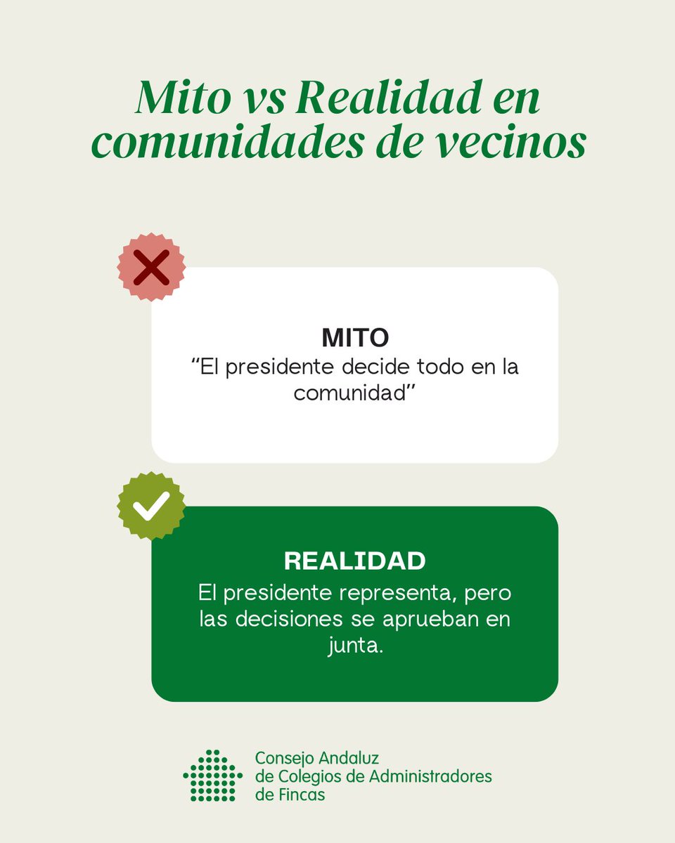 AAFF Cádiz (@aaffcadiz) on Twitter photo 🏢 La vida en comunidad está llena de creencias que muchas veces no son ciertas y generan conflictos.
Por eso en CAFINCAS desmontan los mitos más habituales para que quede clara la realidad.
💬 ¿Cuál de estos mitos habías escuchado alguna vez? Cuéntanoslo en comentarios. 🏢 La vida en comunidad está llena de creencias que muchas veces no son ciertas y generan conflictos.
Por eso en CAFINCAS desmontan los mitos más habituales para que quede clara la realidad.
💬 ¿Cuál de estos mitos habías escuchado alguna vez? Cuéntanoslo en comentarios.