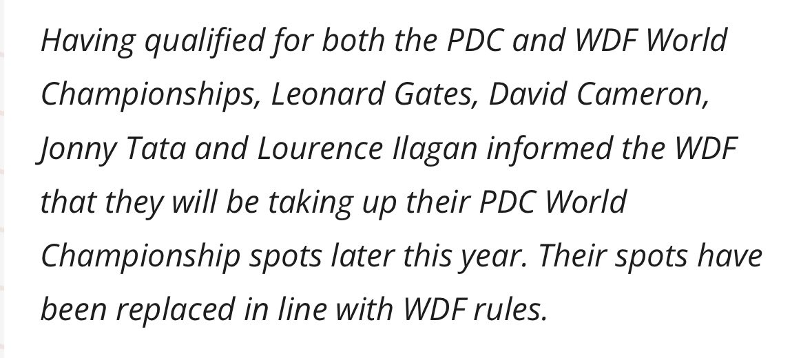 itsocheagain's tweet image. Leonard Gates, Jonny Tata, Lourence Ilagan &amp;amp; David Cameron have officially withdrawn from the #WDF world championship to take part in the #PDC version, having qualified for both