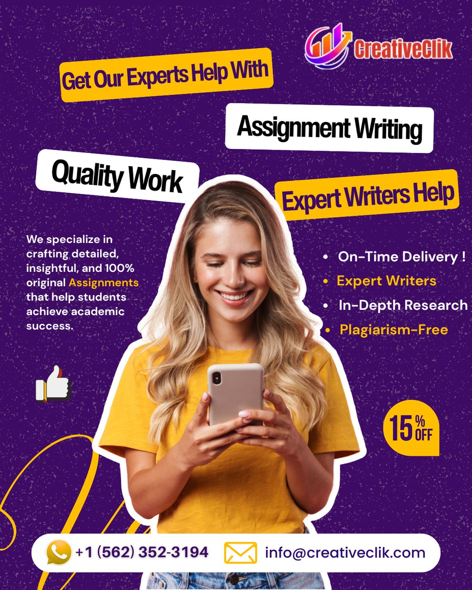 essaywriting0's tweet image. Get Professional Assignment Writing Help!

📷 Enjoy 15% OFF on your first order today!

📷 WhatsApp: +1 (562) 352-3194
📷 Email: info@creativeclik.com

📷 Visit: creativeclik.com

#AssignmentWriting #AcademicWriting #CreativeClik #PlagiarismFree #WritingExperts #Student
