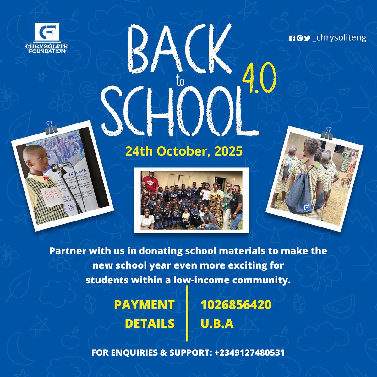 _chrysoliteng's tweet photo. Over the last few years, the back to school project has been about more than just giving school supplies. 
Through this initiative, we have been determined to give students in low-income communities the tools and confidence-boost they need to succeed. https://t.co/GPRJvfT2Jz