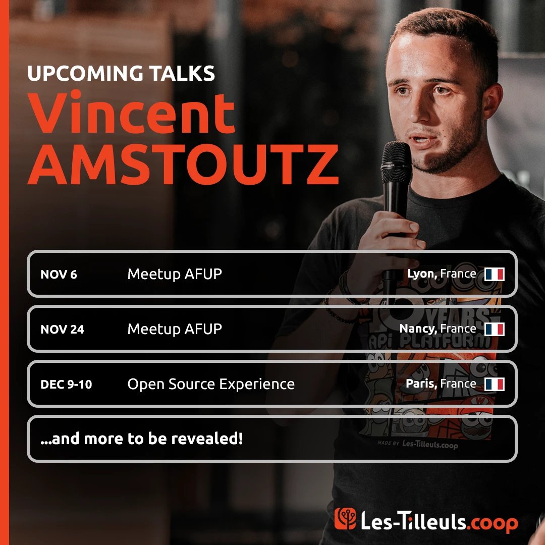 vinceAmstoutz's tweet image. 📢 The end of the year is shaping up to be a busy one. Here are my upcoming events as speaker!

This is my first year behind the microphones, and I&apos;ve already spoken at three conferences since May: #AFUPDayLyon, #SymfonyOnline, and #ApiPlatformCon! 

See you at the next ones! 👋