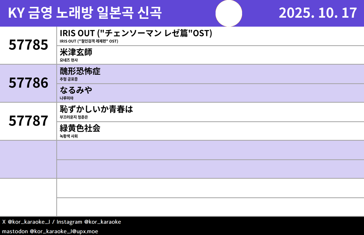 kor_karaoke_J's tweet image. #KY #노래방신곡 #일본곡 #JPOP #米津玄師 #なるみや #緑黄色社会