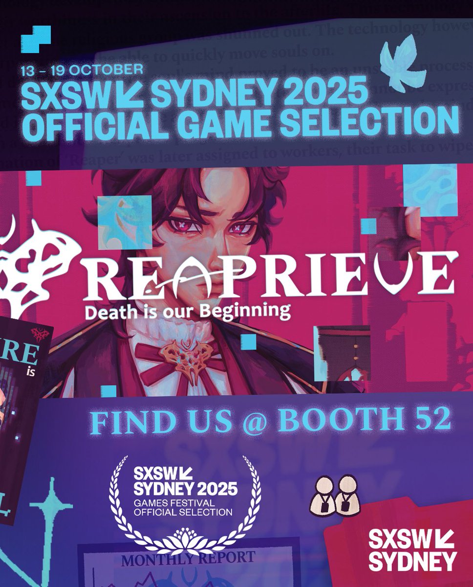 REAPRIEVE is at SXSW Sydney 2025 🦋
Drop by booth 52 for your reaper induction and play our latest demo available.

REAPRIEVE is an existential adventure game about never-ending work, the internet and death. 🕰️

#indiegame #gamingcommunity #GamingCon #SXSWSydney #SXSWSydney2025