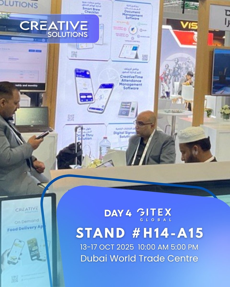 Creative_sols's tweet image. ☀️ Day 4 is live at #GITEX2025!
The energy is still strong at Stand H14-A15 🇸🇦
Drop by the Creative Solutions booth for live demos, future-ready tech, and Saudi-made innovation in action.
#GITEXGlobal #SaudiTech #صناعة_سعودية #جايتكس #دبي  #الابتكار #المعرض  #صنع_في_السعودية