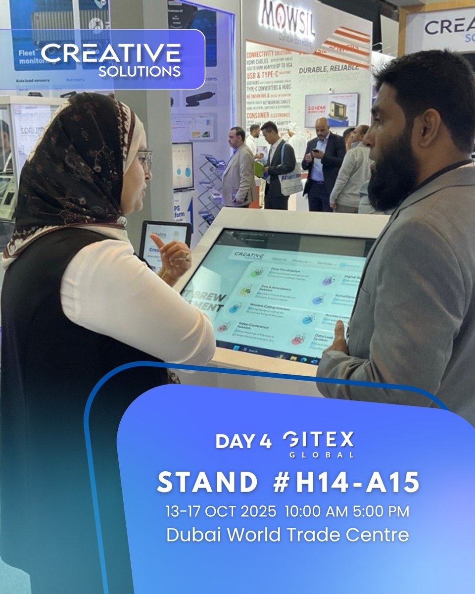 Creative_sols's tweet image. ☀️ Day 4 is live at #GITEX2025!
The energy is still strong at Stand H14-A15 🇸🇦
Drop by the Creative Solutions booth for live demos, future-ready tech, and Saudi-made innovation in action.
#GITEXGlobal #SaudiTech #صناعة_سعودية #جايتكس #دبي  #الابتكار #المعرض  #صنع_في_السعودية