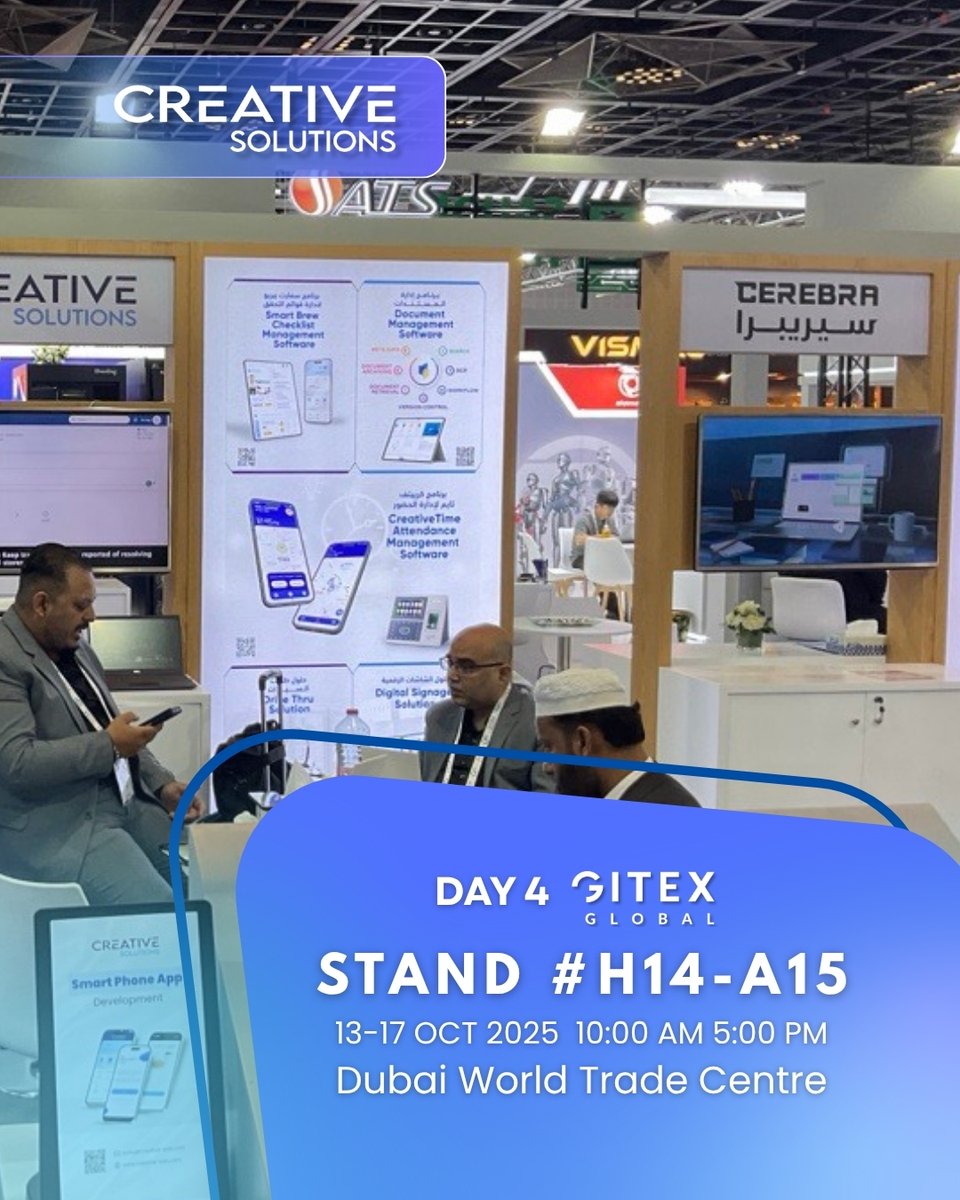 Creative_sols's tweet image. ☀️ Day 4 is live at #GITEX2025!
The energy is still strong at Stand H14-A15 🇸🇦
Drop by the Creative Solutions booth for live demos, future-ready tech, and Saudi-made innovation in action.
#GITEXGlobal #SaudiTech #صناعة_سعودية #جايتكس #دبي  #الابتكار #المعرض  #صنع_في_السعودية