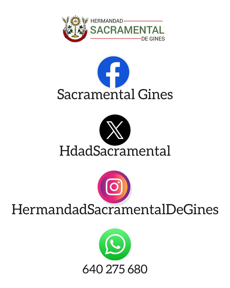 En la Hdad Sacramental de Gines trabajamos para acercar el día a día de la Hermandad a todos nuestros hermanos y devotos.
Por eso, para dar a conocer toda la actualidad de nuestra Hermandad e informar de la misma, ponemos a disposición los distintos canales de redes sociales: