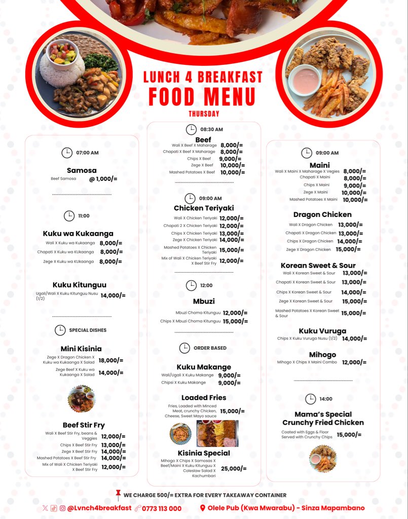 Thursday Menu.
📞: 0773113000