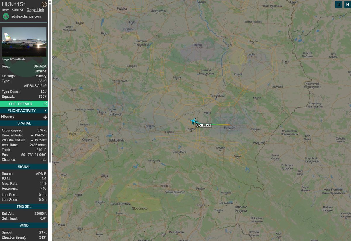 PolishMilRadar's tweet image. 📅16.10⌚️09:18LT - Prezydent Zełeski leci do USA

Z Rzeszowa Jasionki #EPRZ do Shannon #EISN w Irlandii 🇮🇪 (lądowanie celem tankowania przed dalszą częścią lotu do USA) wystartował ✈️ #UKN1151 Airbus A319-115 ACJ "UR-ABA" Rządu Ukrainy 🇺🇦. Na pokładzie znajduje się