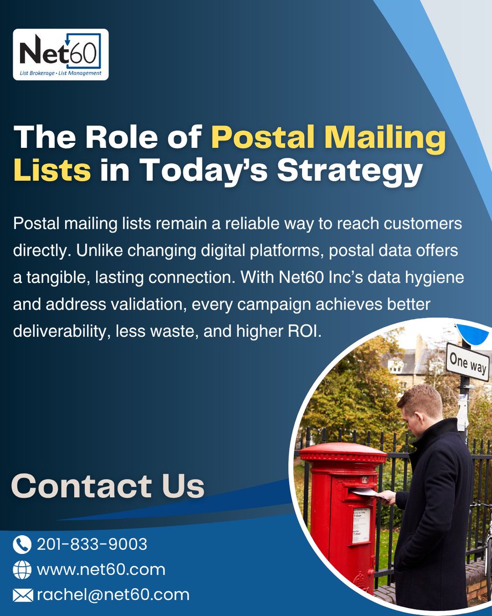 net60inc's tweet image. In today’s digital world, postal mailing lists still deliver unmatched results. 

With Net60 Inc’s data hygiene and address validation, your campaigns reach the right audience,efficiently and effectively. 

🌐 Visit: net60.com

#PostalMarketing #MailingLists