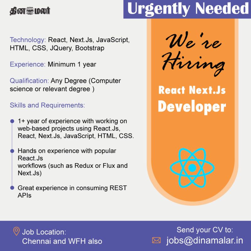 dinamalarweb's tweet image. Dinamalar Hiring
React Next.Js Developer
Send your CV to: jobs@dinamalar.in
#Dinamalarjobs #reactdeveloper #reactdeveloper