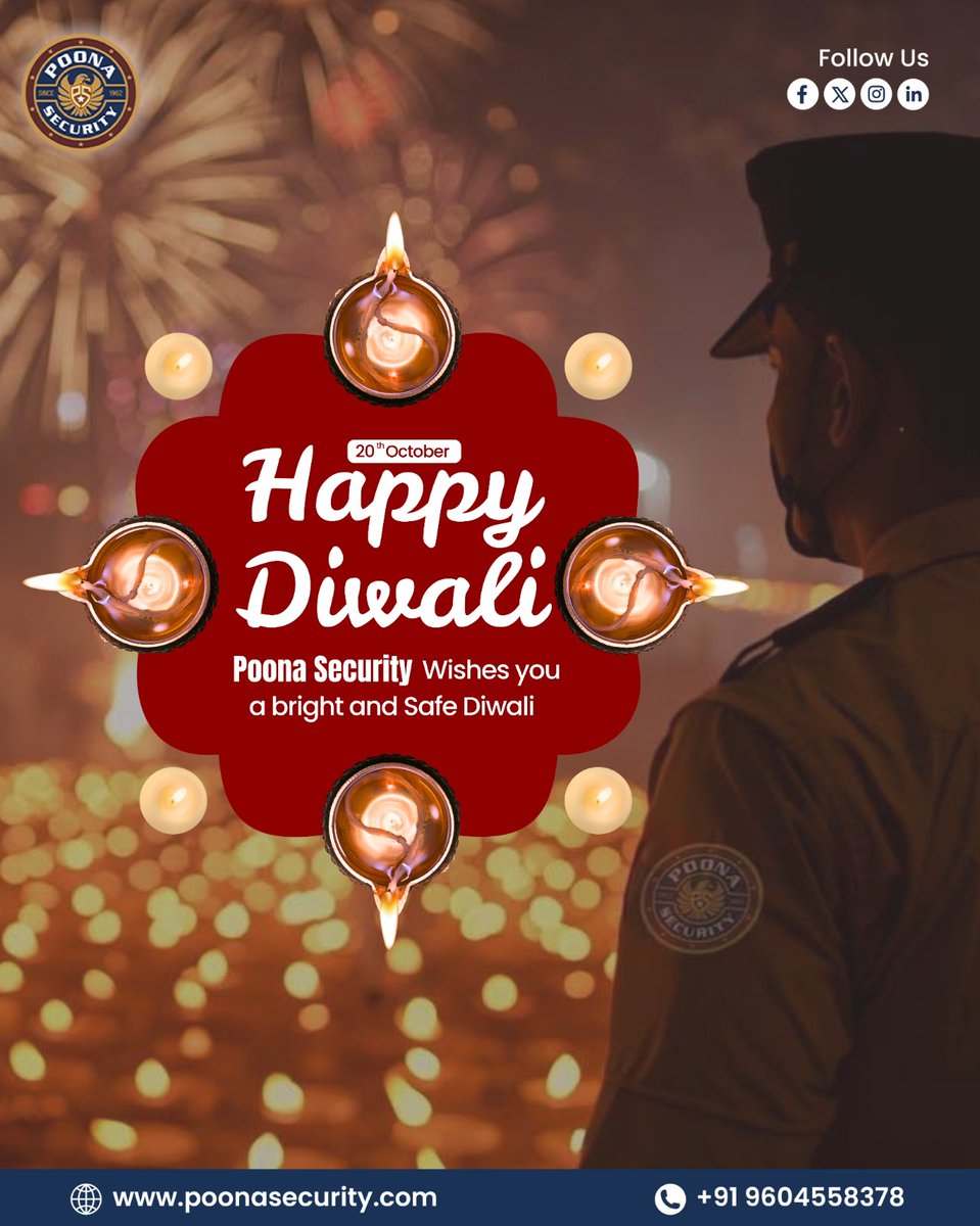 PoonaSecurity's tweet photo. When lights shine bright, let safety shine brighter.

Wishing you a joyous and secure Diwali.

Contact us: https://t.co/vFmEDcEOtn
.
.
.
#poonasecurity #securityservices #pune #Maharashtra #poonasecurityguards #eventsecurity #happydiwali #diwalivibes #diwali #festivaloflights https://t.co/5CsOpRlYkh