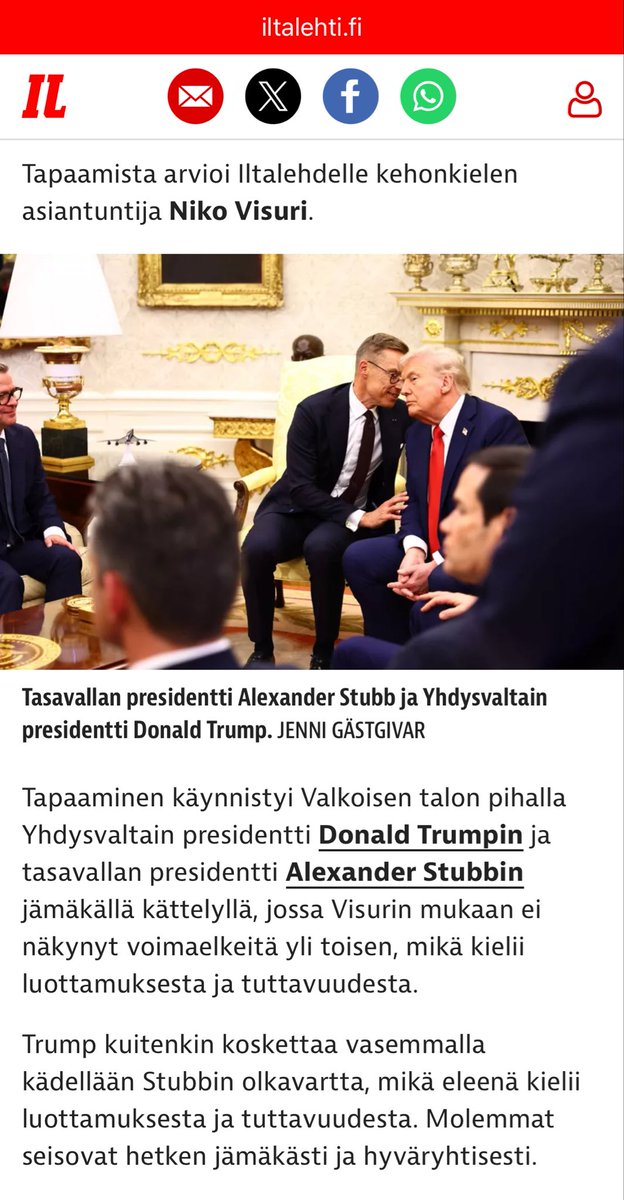 🇫🇮President Alexander Stubb is very good at communicating with President Trump. 

Mirroring of body language is a classic way to create a good atmosphere, rapport and trust. <a href="/NikoVisuri/">Niko Visuri - Mr. Body Language</a> comments the White House summit @ Iltalehti.