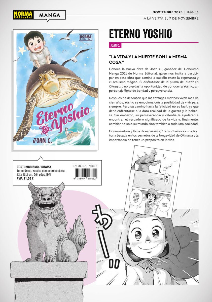 ¡El 7 de noviembre (si no hay cambios) se publicará Eterno Yoshio! 🐢

⭐️ Tomo único
⭐️ Costumbrista, drama
⭐️ 264 páginas
⭐️ P.V.P. 11 €
⭐️ Rotulación: <a href="/oliva_osanz/">Oliva Osanz (@olivaosanz.bsky.social)</a> 
⭐️ Corrección: Isaac Aslam
⭐️ Edición: <a href="/NormaEdManga/">NormaEdManga</a> 

¡Muy pronto en librerias!📚
