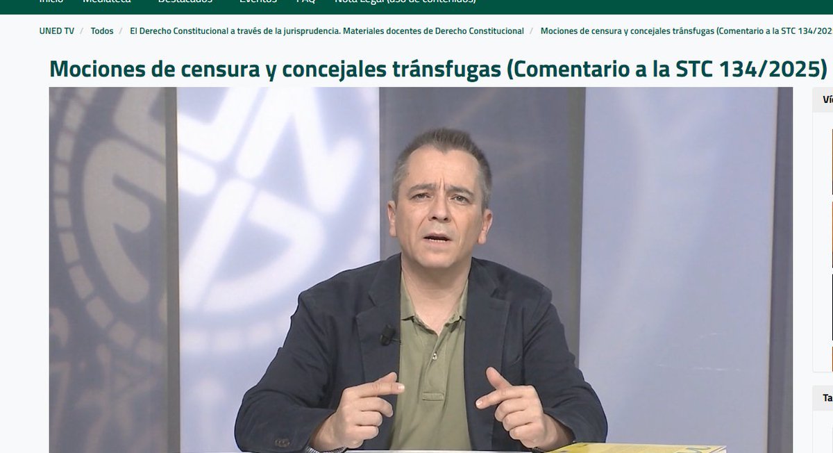 Videoclases
Mociones de censura y concejales tránsfugas

Por Fernando Reviriego Picón, prof. de <a href="/FacDerecho_UNED/">Fac. Derecho UNED</a> 
<a href="/CarlosFEsquer/">Carlos Fernández Esquer</a> 
canal.uned.es/video/68ef5161…
