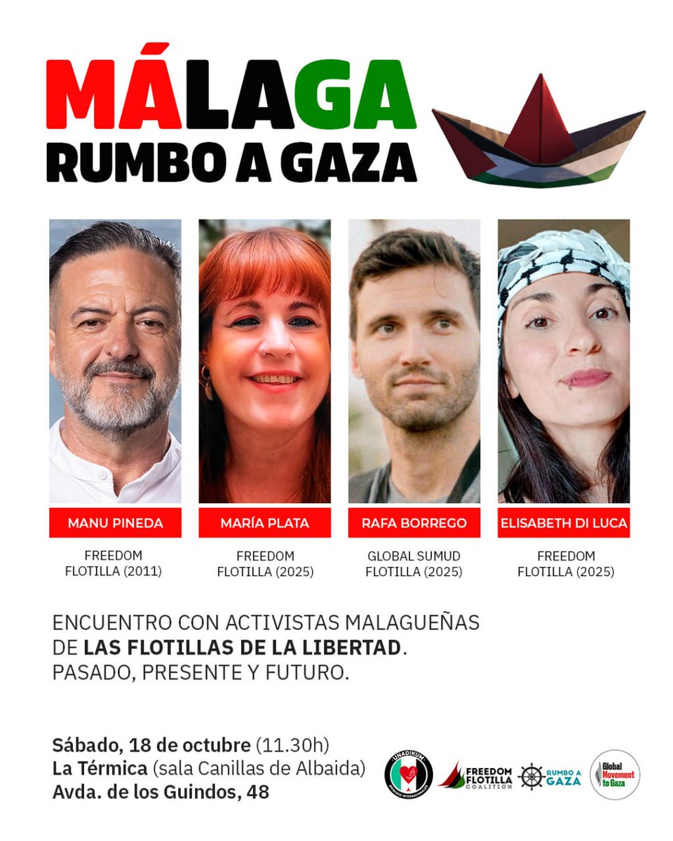 🇵🇸 Tras la jornada de movilización de ayer en apoyo al pueblo de #Palestina y contra el genocidio, seguimos...

Este sábado no puedes faltar al encuentro con:
✅ <a href="/ManuPineda/">Manu Pineda🔻</a>
✅ María Plata
✅ <a href="/RafaelBorrego/">Rafa</a>
✅ Elisabeth Di Luca

👉 A las 11.30h, en La Térmica. 

#FreePalestine