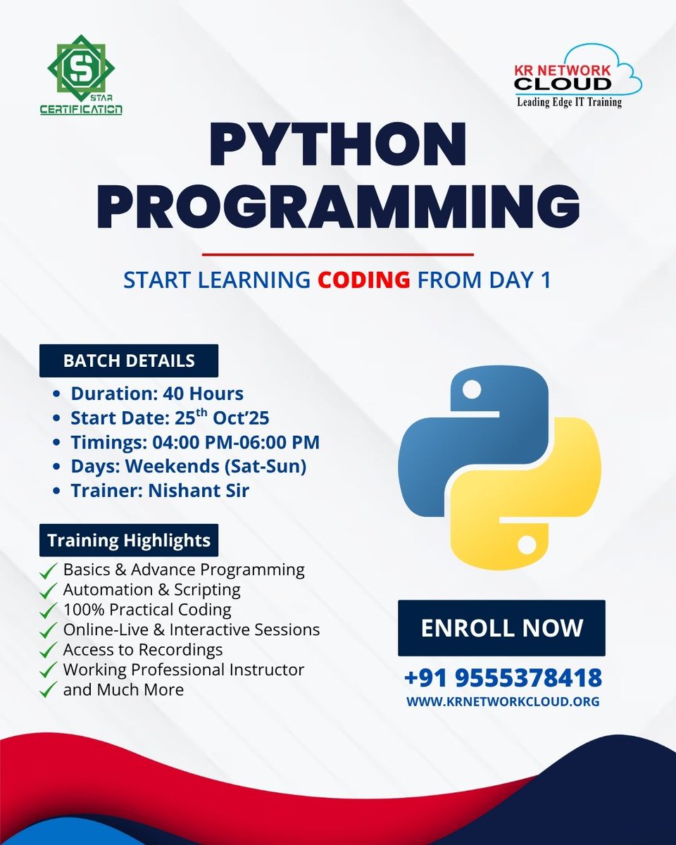 KRNetworkCloud1's tweet image. Join our Python Programming live online batch!
⏰ Timings: 04:00 PM – 06:00 PM
⏳ Duration: 40 Hours
📹 Watch a Free Demo: youtube.com/watch?v=ezBttU…
📲 Call/WhatsApp us to enroll: +91 9555378418
🌐 Learn More: krnetworkcloud.org
#Python #PythonCourse #LearnPython