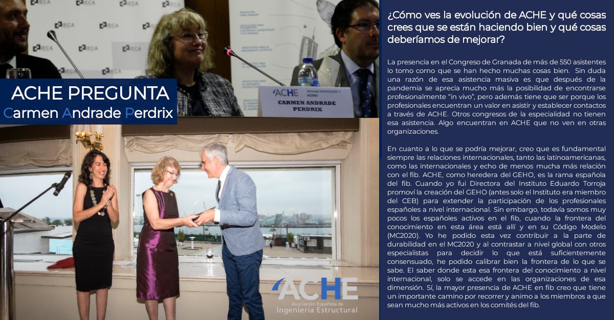 ACHE Pregunta: Carmen Andrade
Continuamos la serie de entrevistas cortas a compañeros del sector sobre sus experiencias profesionales, temas de actualidad y su relación con nuestra asociación. Hablamos con Carmen Andrade Perdrix
#ACHEPregunta #IngenieríaEstructural