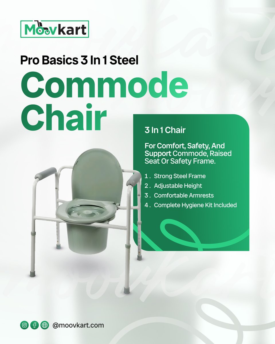 MoovKart's tweet image. Ensure comfort and safety at home with the Pro Basics 3-in-1 Steel Commode Chair — use it as a commode, raised seat, or safety frame. 💚
Shop Now 👉 moovkart.com/products/commo…

#CommodeChair #ElderlyCare #MobilityAid #Moovkart #IndependentLiving #HomeCare