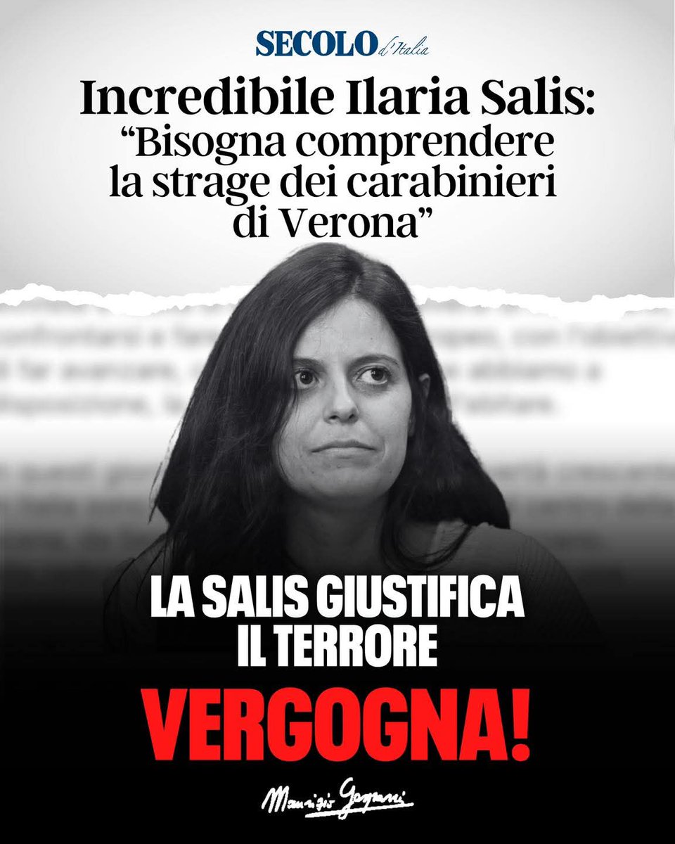 Ilaria Salis difende chi ha fatto una strage di Carabinieri. 

Chi ha difeso e candidato una così è esattamente come lei. La sinistra sceglie l’orrore contro la vita, contro la legalità, contro i Carabinieri sterminati. 

La Salis e chi la difende sono la vergogna dell’Italia.