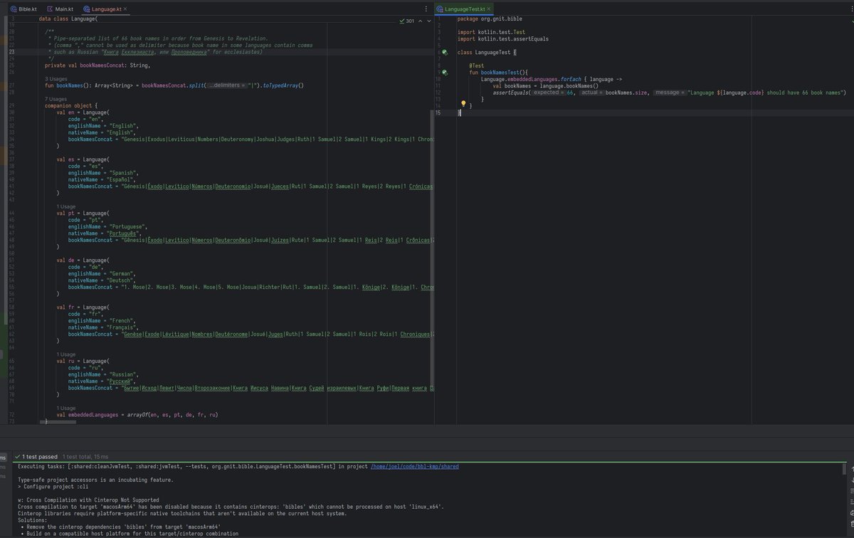 bbl_apps's tweet image. bbl-kmpに埋め込まれている聖書の各言語での書名をハードコーディングしている。ハードコーディング元のデータはbbl-androidにすでにあるので、移植。ただ、データ構造を読みやすい今回変更することにした。で、カンマで分かち書きにしたらテスト落ちた。ロシア語の書名はカンマ含むからパイプに変更。