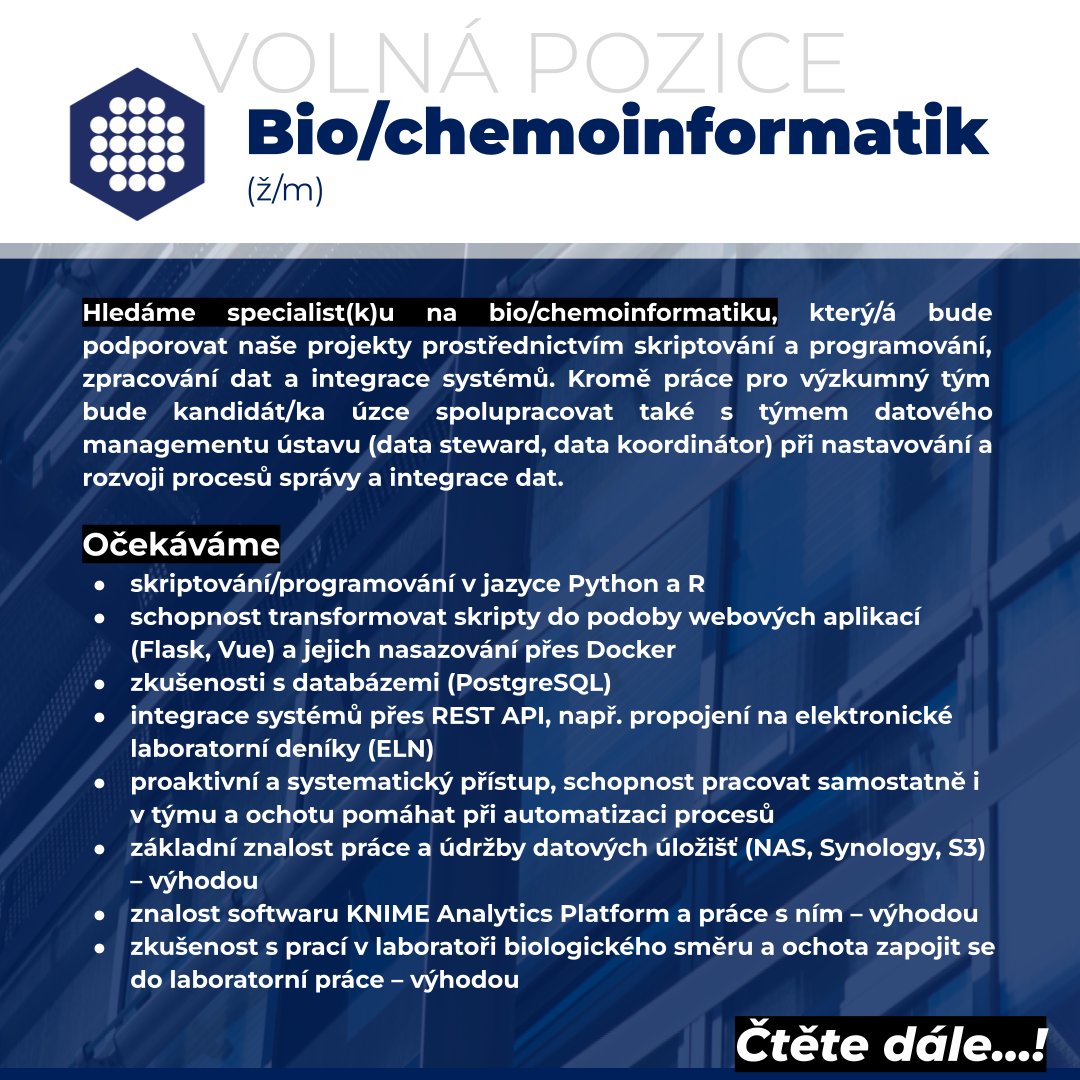 researchjobs_cz's tweet image. Ústav organické chemie a biochemie AV ČR @IOCBPrague hledá kandidáty/kandidátky na pozici Bio/#chemoinformatik (ž/m)
Více na: researchjobs.cz/54oPk
#bioinformatik #bioinformatika #chemoinformatika #jobs #Praha