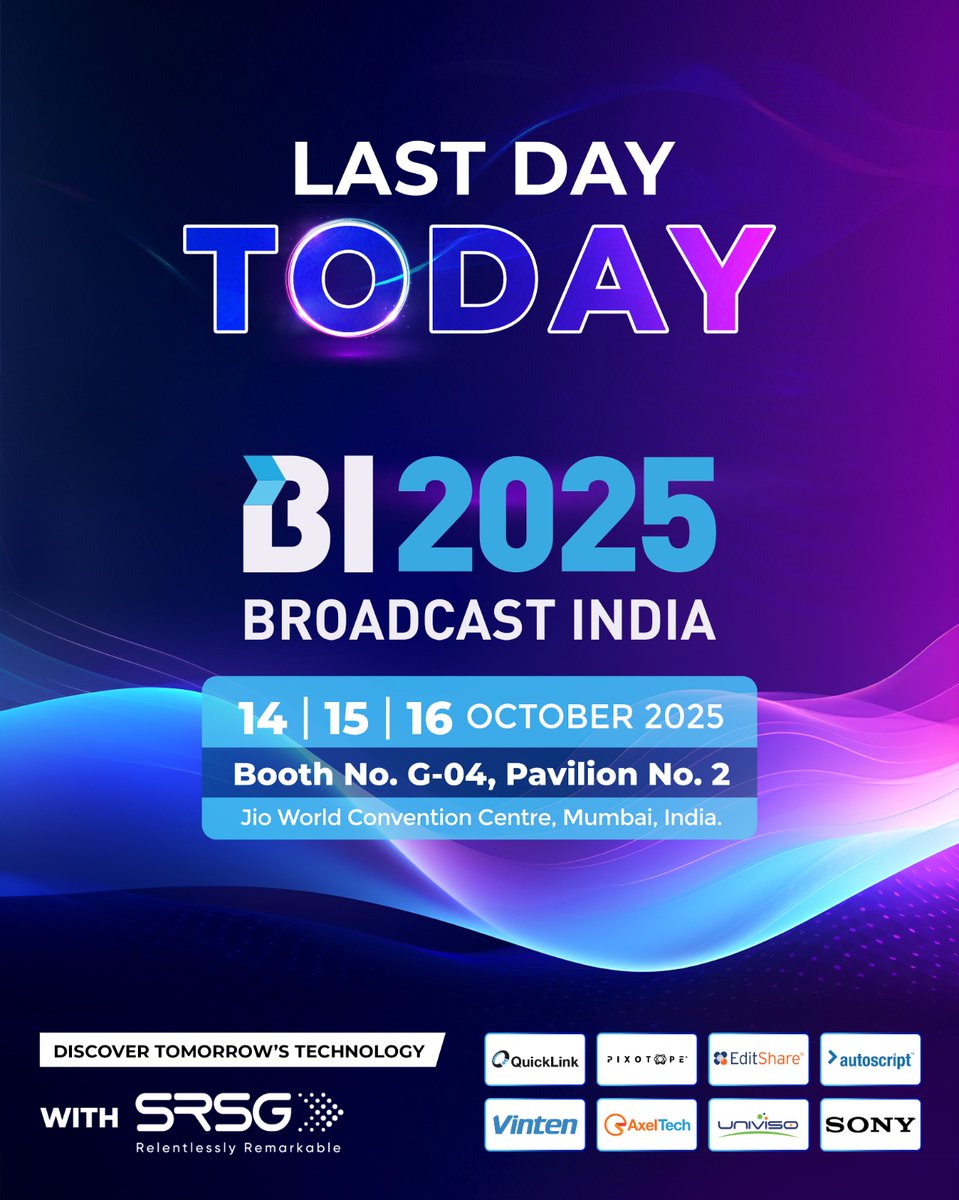 🎬 It’s the Last Day at #BroadcastIndia2025!

Catch SRSG live at Booth G04, Pavilion 2 — explore innovations that are transforming the broadcast and AV industry.

Don’t miss the final showcase today!
...
#SRSG #MediaTech #BroadcastSolutions