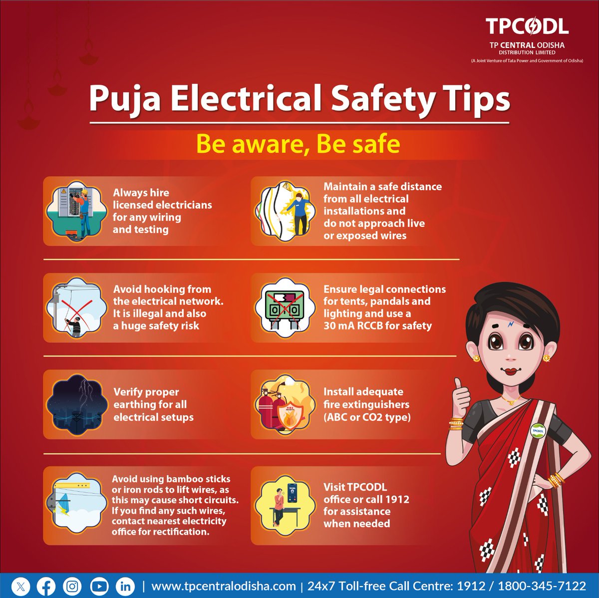 TPCentralOdisha's tweet image. To ensure an accident-free celebration of Puja and festivals, please make sure to follow the electricity safety guidelines given below.

#TPCODL #ElectricitySafety #FestivalSafety #KaliPuja