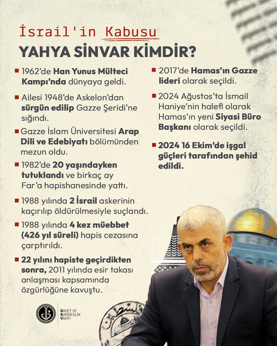 İsrail’in kabusu, ümmetin direniş sesi...
Zincirlerle susturulamadı, yıllarla tüketilemedi.
Karanlığın ortasında bir direniş yıldızıydı 
#YahyaSinvar.
Hakkın sancağını, zulmün kalbine diken adam…
Şehadet, onun son nefesinde değil;
tüm ömrü boyunca taşıdığı bir davaydı.