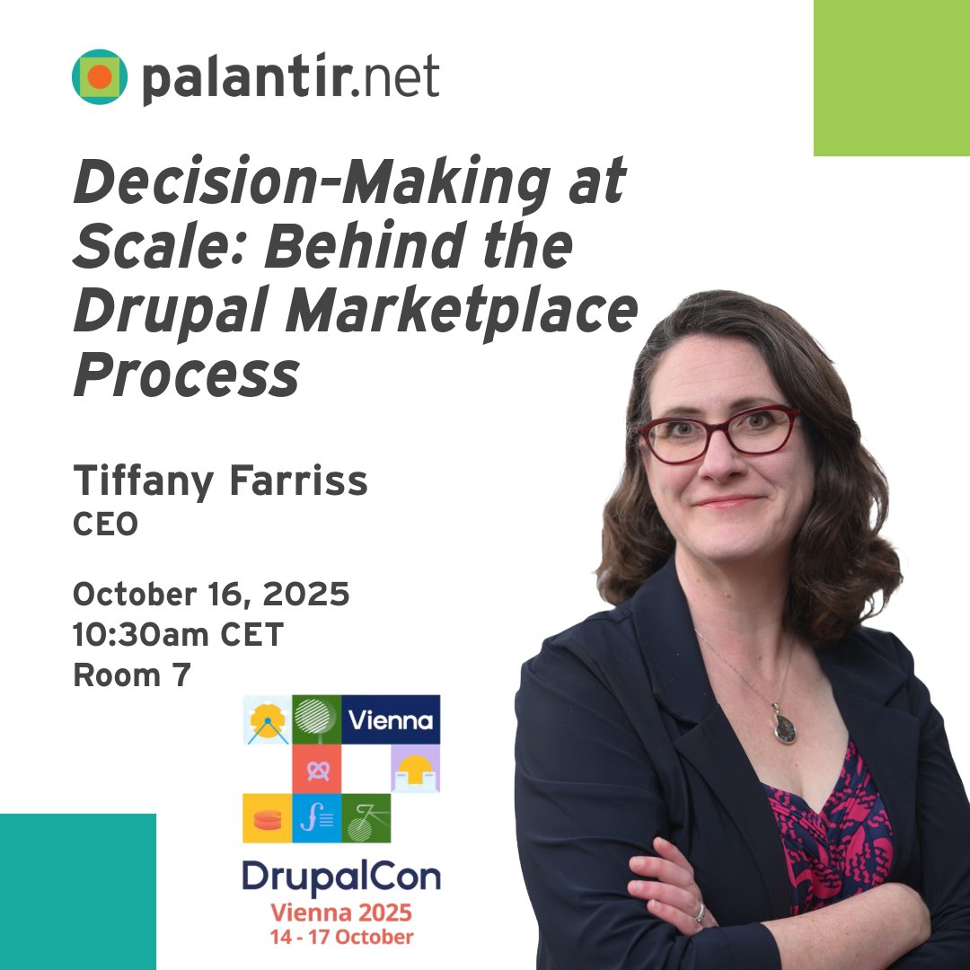 palantir's tweet image. Today at #DrupalCon Vienna, don't miss a behind-the-scenes look from Tiffany Farriss on how the #Drupal Marketplace Working Group engaged with the community using participatory decision-making. 10:30am CET in Room 7.