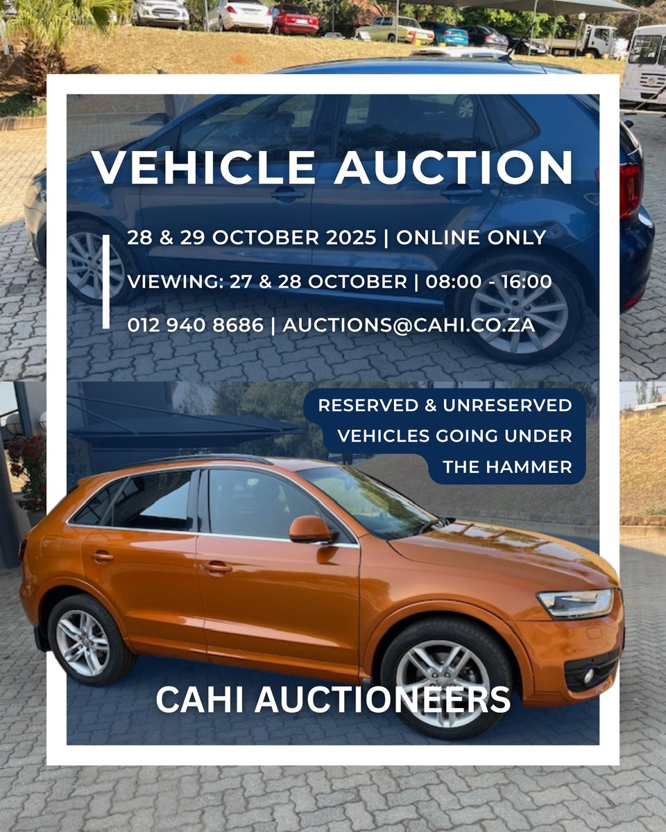 CAHI AUCTIONEERS, ONLINE VEHICLE AUCTION – PRETORIA | 28 - 29 OCT 2025 | cahi.co.za
CAHi Warehouse, Cnr Graham &amp; Alexander Rds, Tijger Valley, Pretoria
Secure pre-approved bank finance, contact Chresti Mnisi +27661231741 | typecard.com/385029bd
Auth. FSP34936