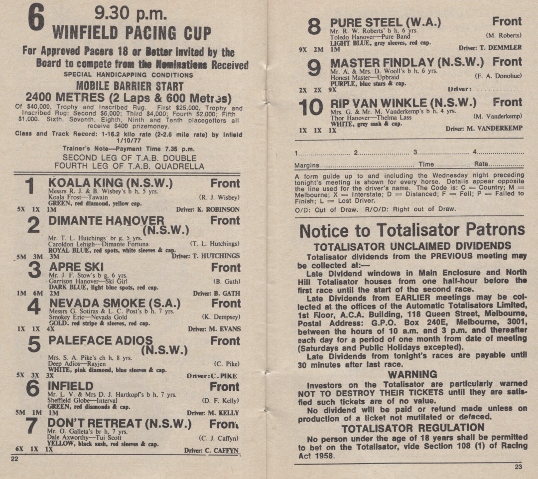 Racebook pages from the 1977 Winfield (Victoria) Cup at Moonee Valley. Won by Paleface Adios