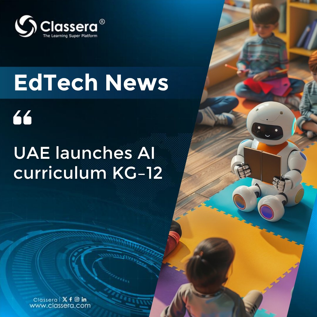 Classera's tweet image. UAE launches AI curriculum from KG to grade 12, training 1,000 teachers.
At Classera, we empower schools with adaptive learning and smart assessments to embrace this shift. 💡
For more information about smart solutions: classera.com
#classera #Ai #UAE #Elearning