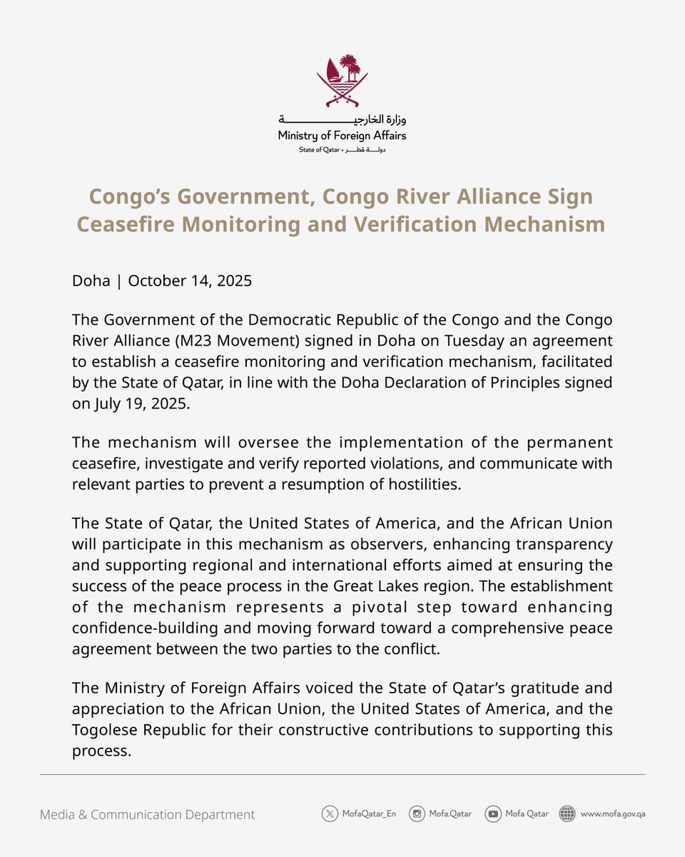 EUSR_GL's tweet photo. The EU welcomes the agreement between DRC and M23 on a monitoring and verification mechanism for a future ceasefire, building on the previous ICGLR efforts and associating MONUSCO. We commend Qatar for the facilitation. Effective Implementation is now crucial. https://t.co/C58PPaBXfF